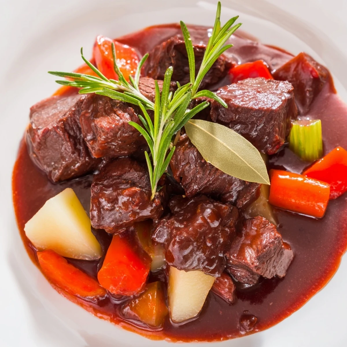 Golden brown beef cubes simmering in rich red wine broth with tender vegetables and fresh herbs in a rustic Dutch oven