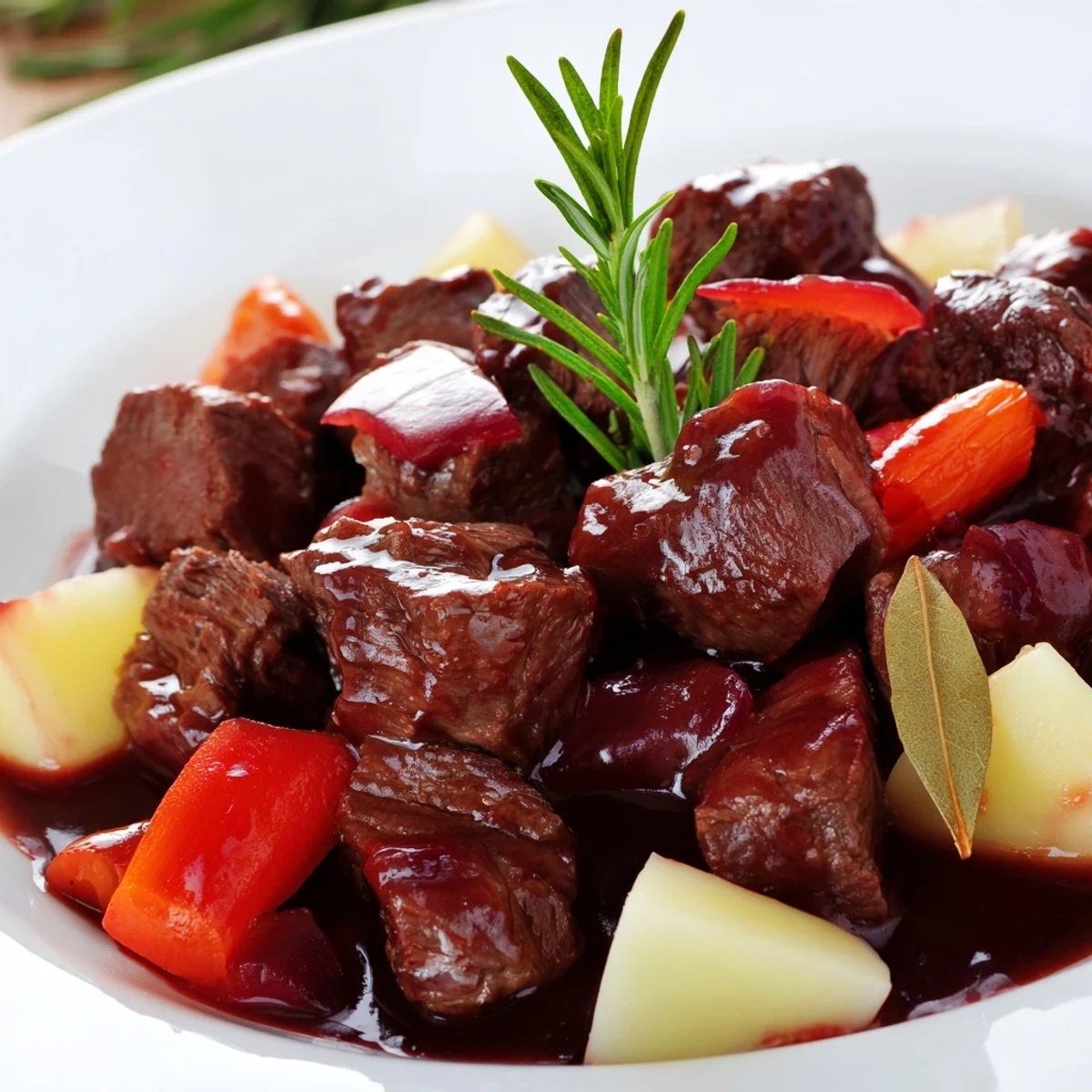 Hearty Italian Spezzatino Di Manzo beef stew featuring chunky potatoes, carrots, and celery in a thick savory sauce garnished with rosemary