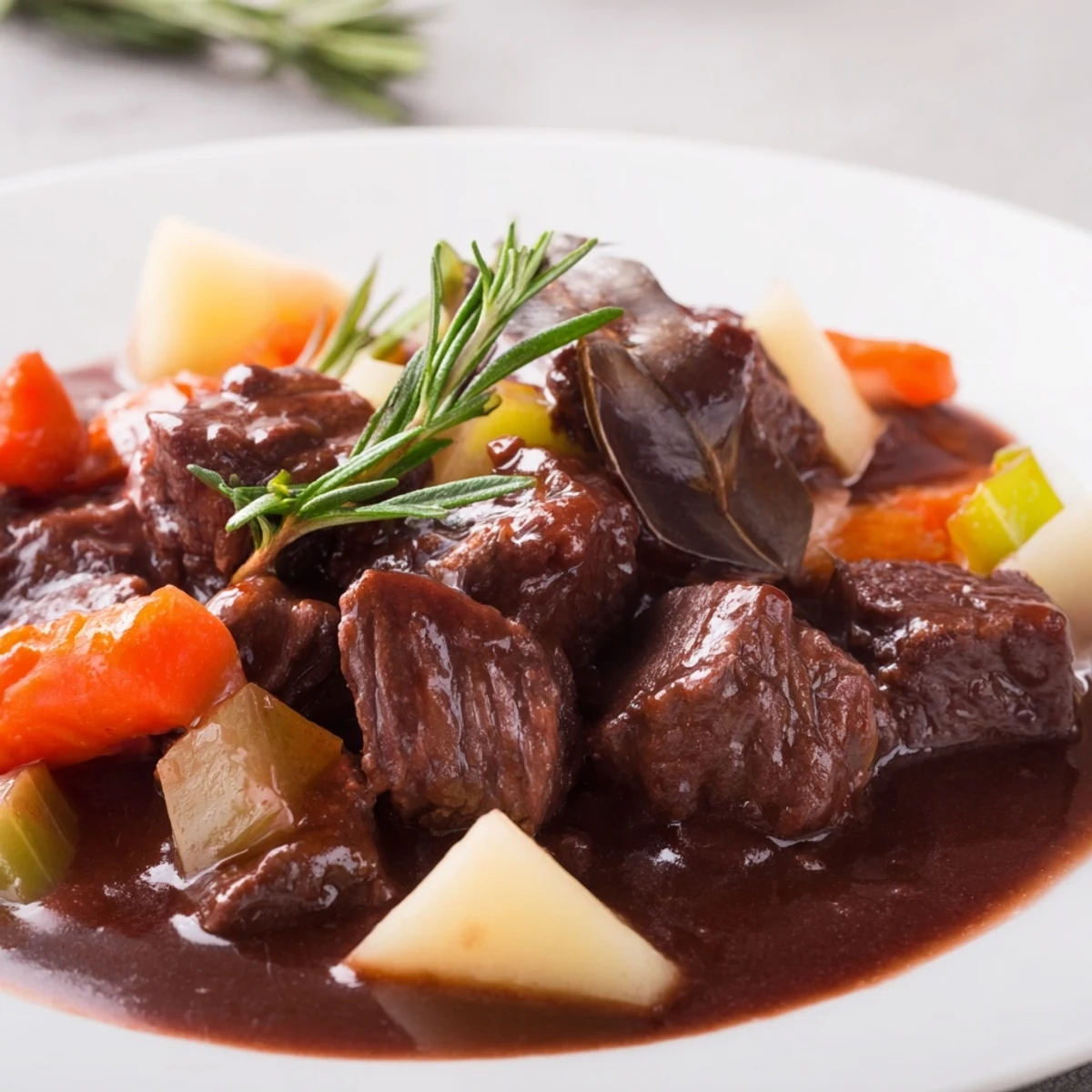 Comforting bowl of slowly braised Italian beef stew with fork-tender meat chunks and colorful vegetables ready to be served with crusty bread