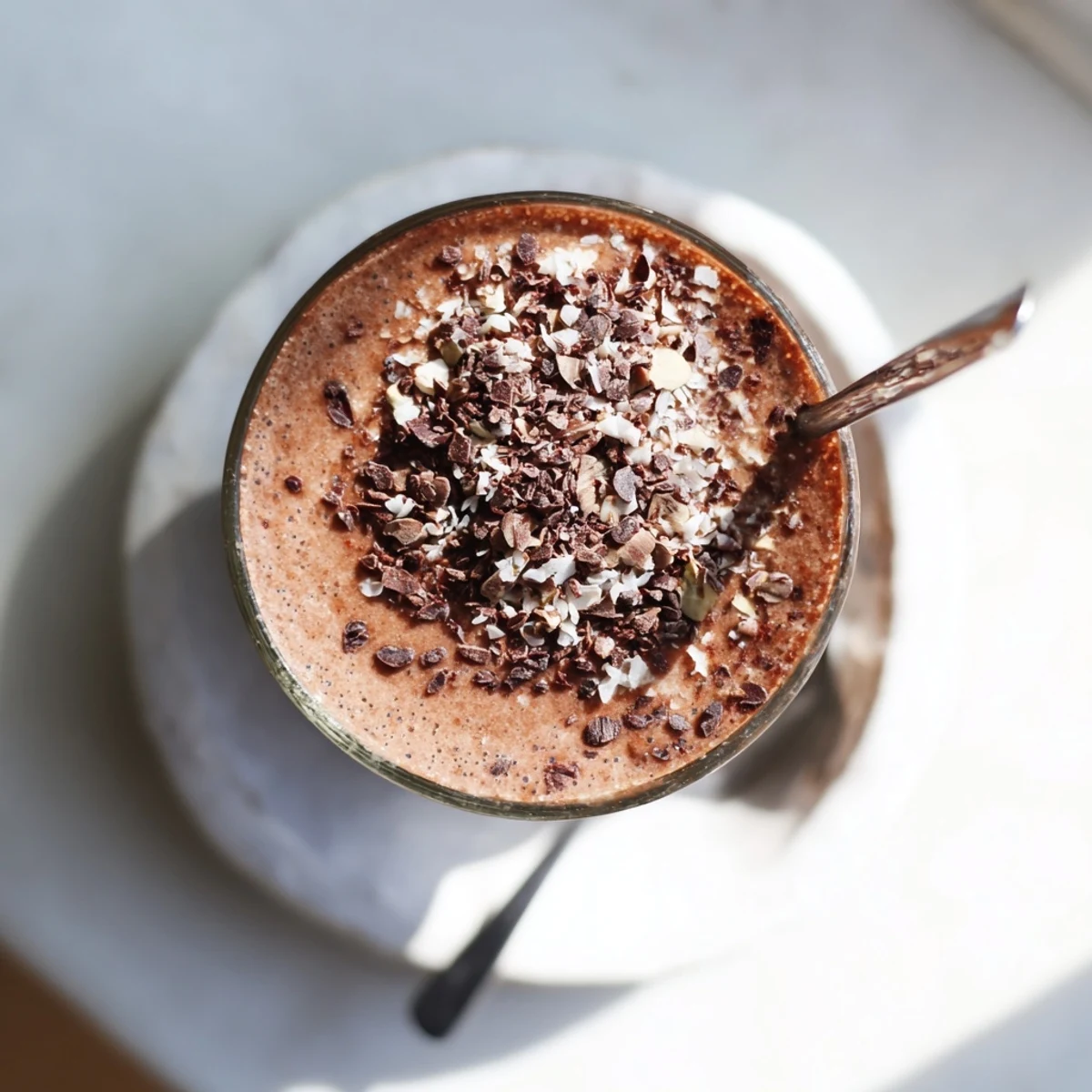 Vegan raw chocolate banana shake blended with frozen bananas and topped with cacao nibs
