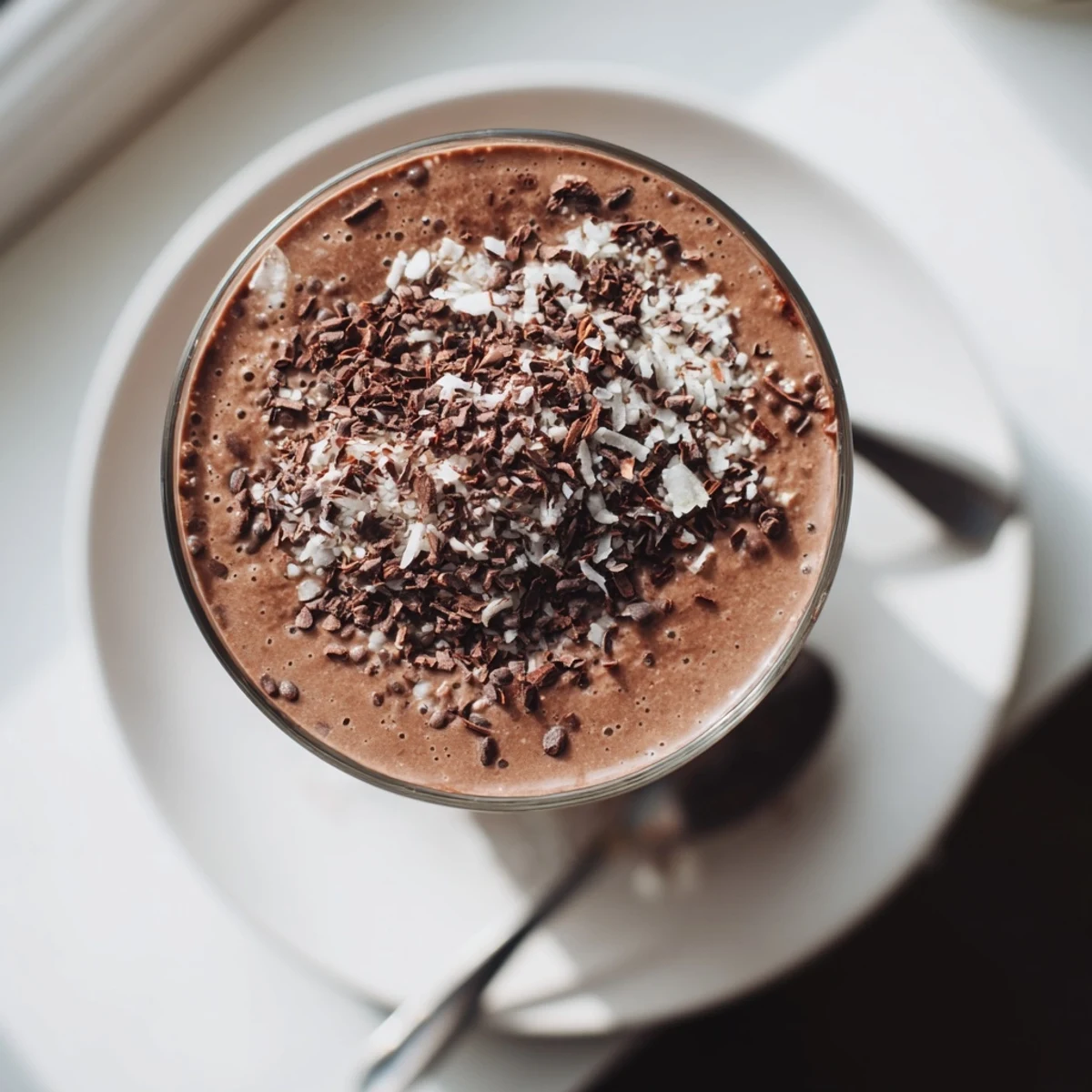 Thick creamy raw chocolate banana shake poured into a glass with frothy chocolate swirls on top