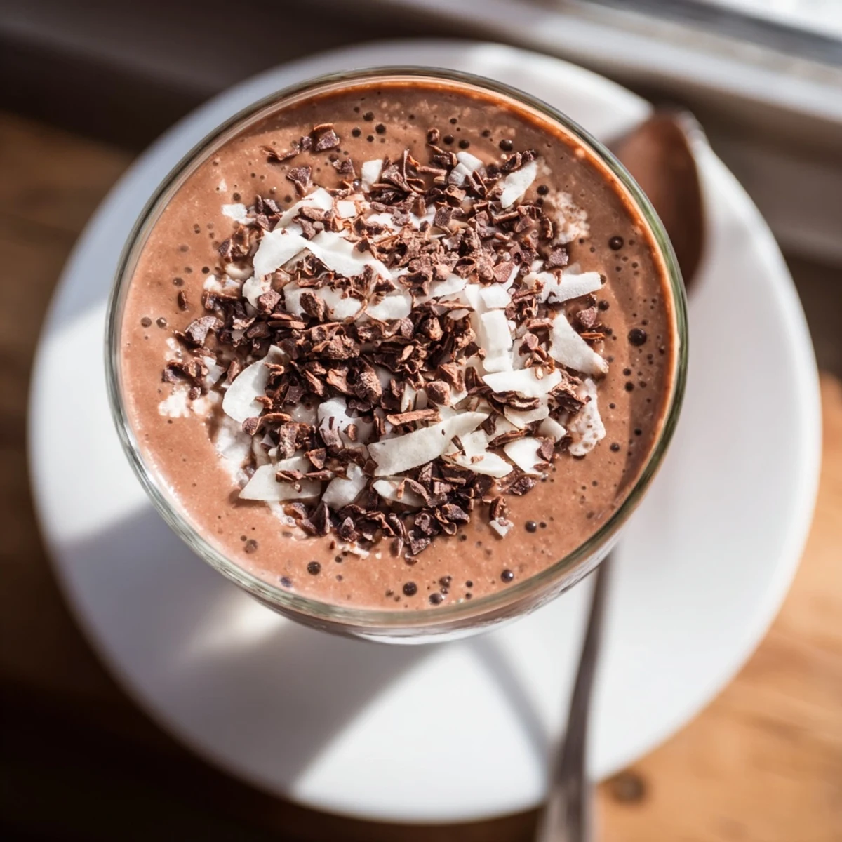 Rich raw chocolate banana shake in a clear glass showing smooth velvety texture and bubbles