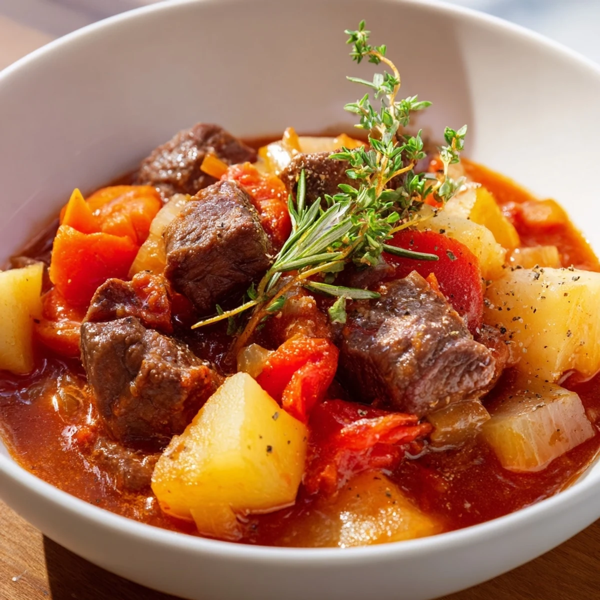 Spezzatino Di Manzo Italian Beef Stew simmering, tender beef, aromatic herbs, crusty bread.