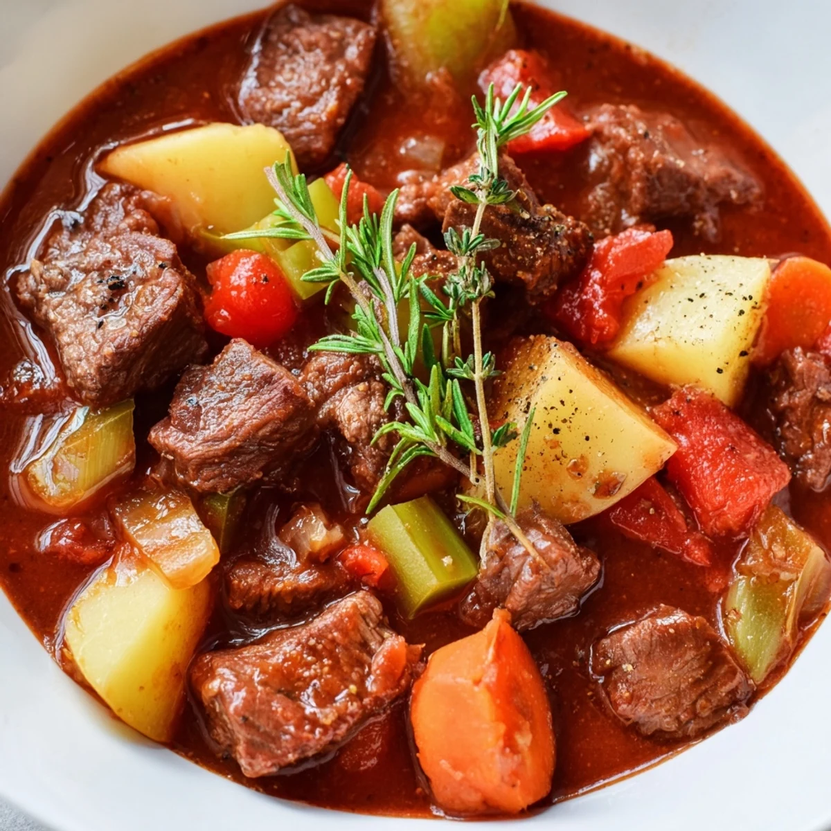 Hearty Spezzatino Di Manzo Italian Beef Stew bubbling on stove, rosemary-scented.