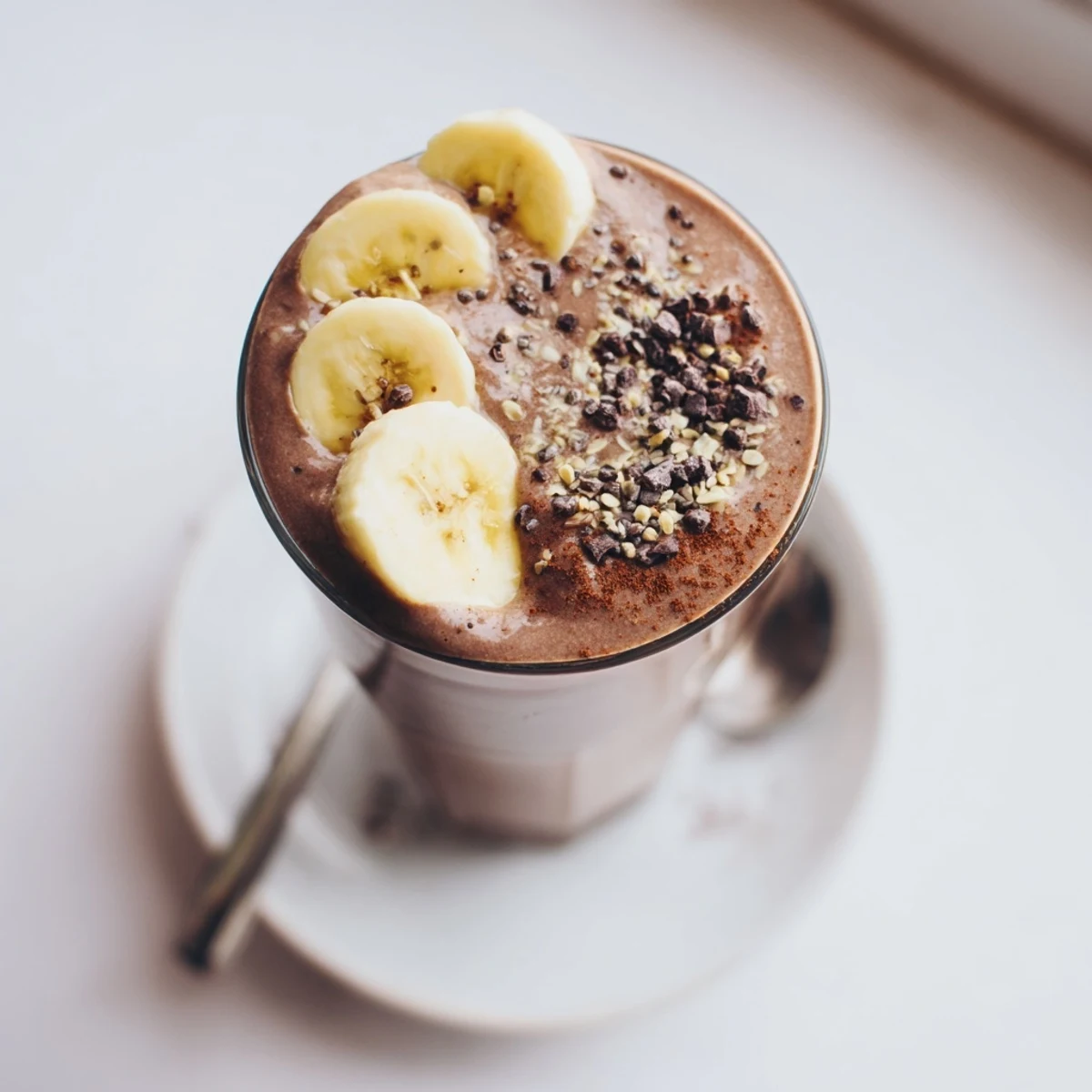 Raw Chocolate Banana Shake in a tall glass, creamy chocolate aroma.