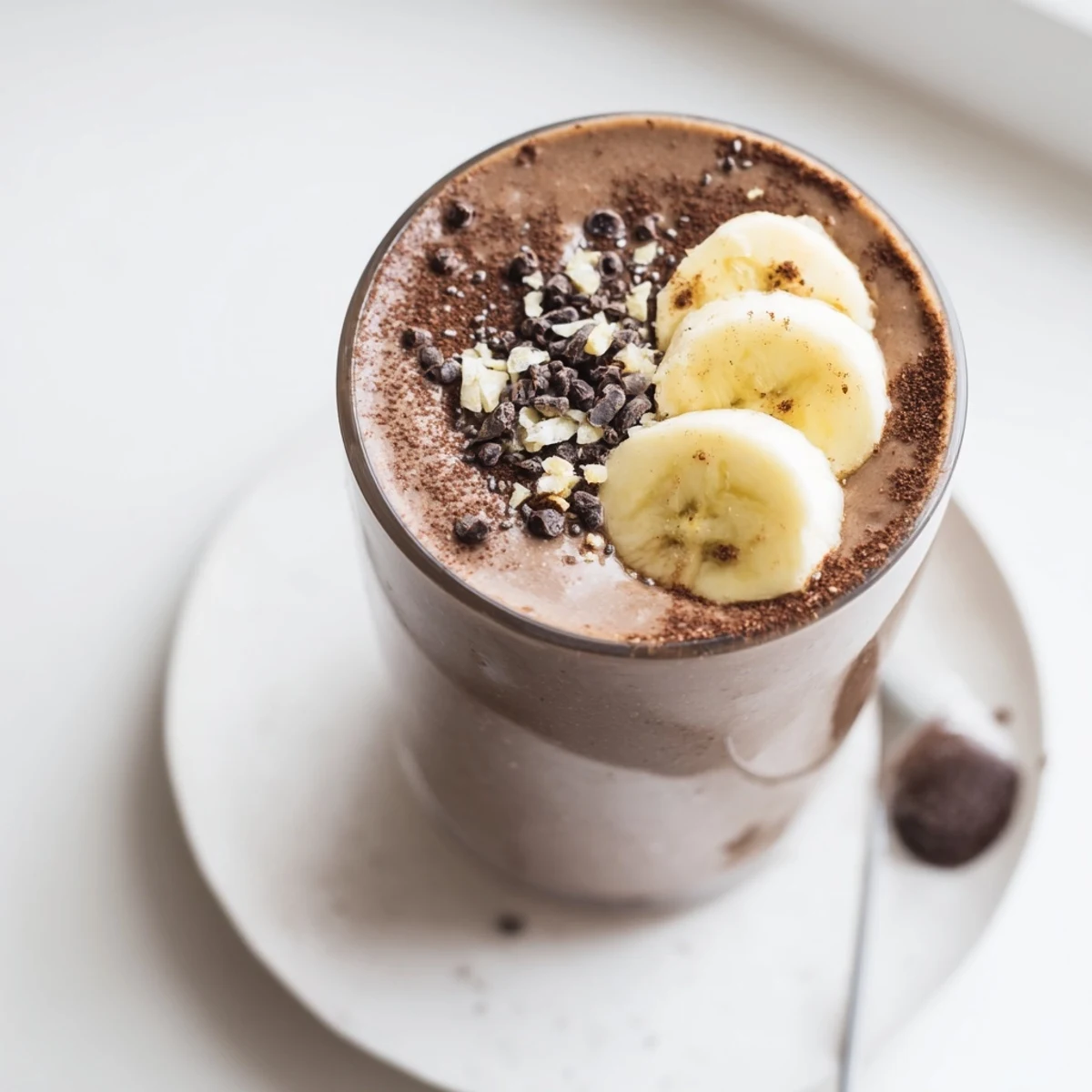 Creamy Raw Chocolate Banana Shake with cacao nibs topping, chilled and thick.