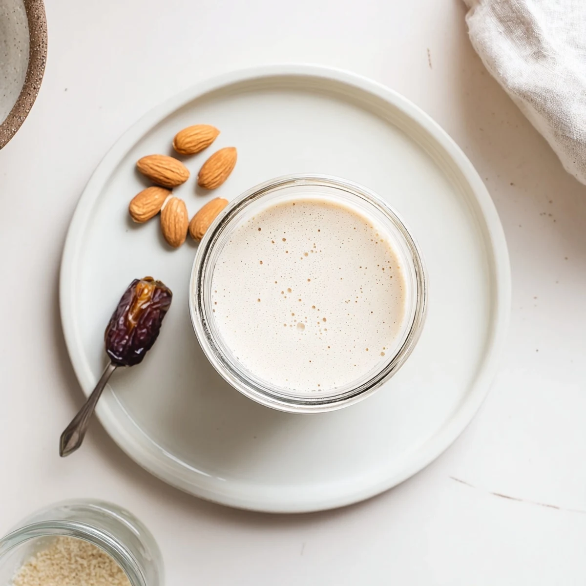 Smooth, slightly sweet Almond Milk poured over oatmeal with cinnamon sprinkle