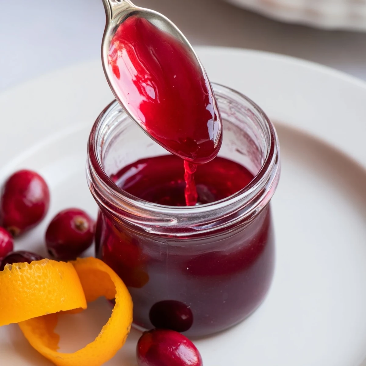 Cranberry Syrup glistening in jar, tangy aroma, ready for pancakes