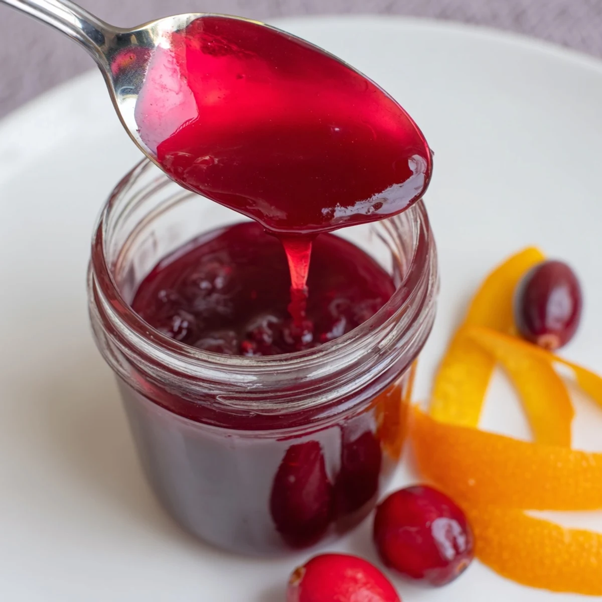 Homemade Cranberry Syrup drizzling over waffles, glossy texture, hint of orange