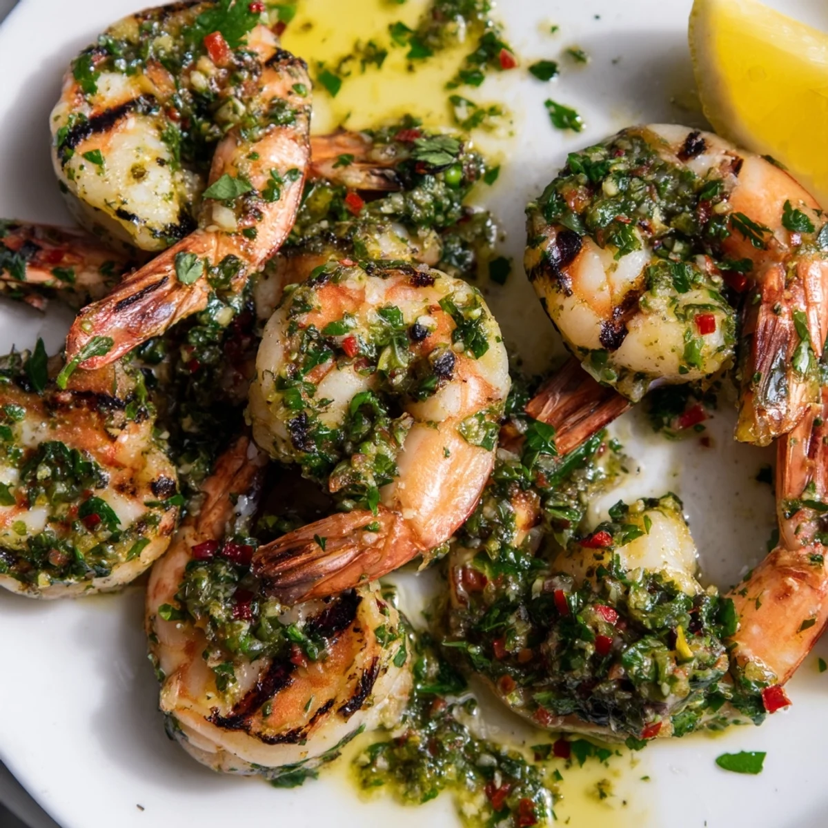 Sizzling chimichurri shrimp skewers drizzled with bright parsley-cilantro sauce and fresh lemon