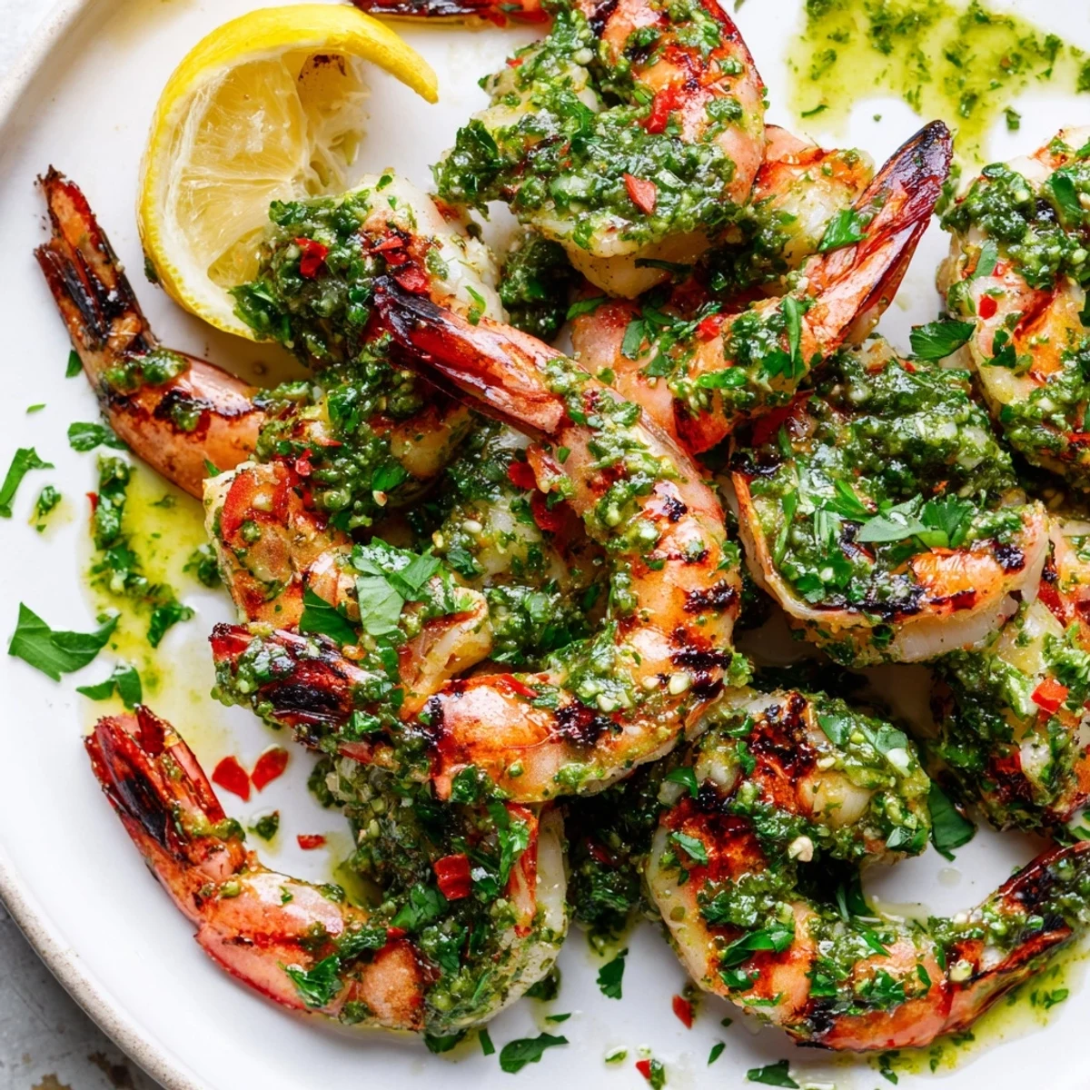 Perfectly grilled chimichurri shrimp with charred edges and vibrant green herb sauce