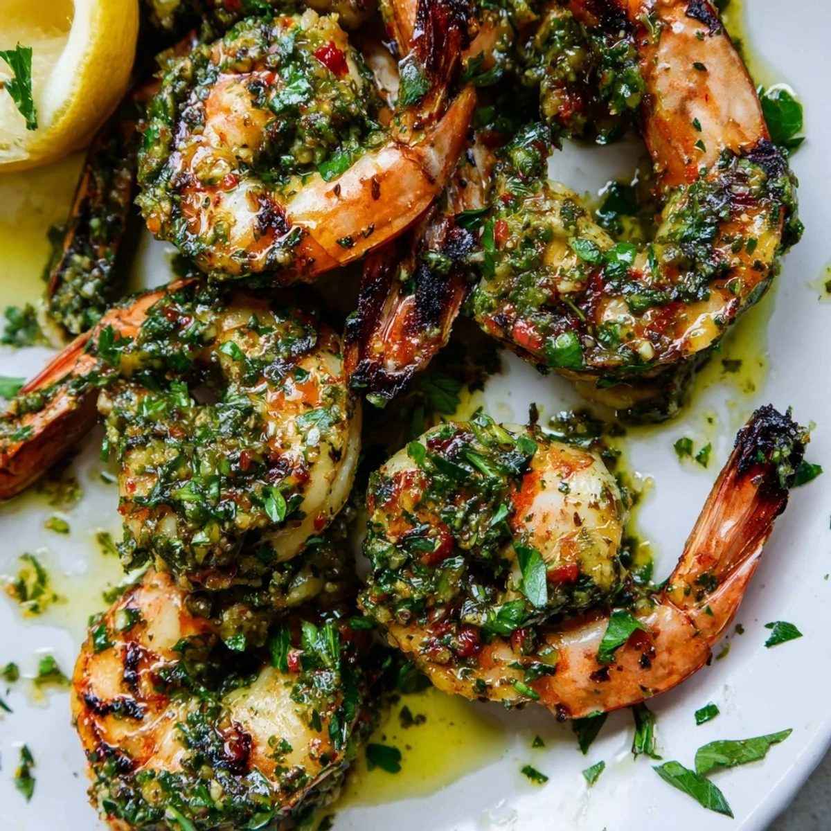 Plump pink chimichurri shrimp garnished with chopped herbs and served on rustic skewers