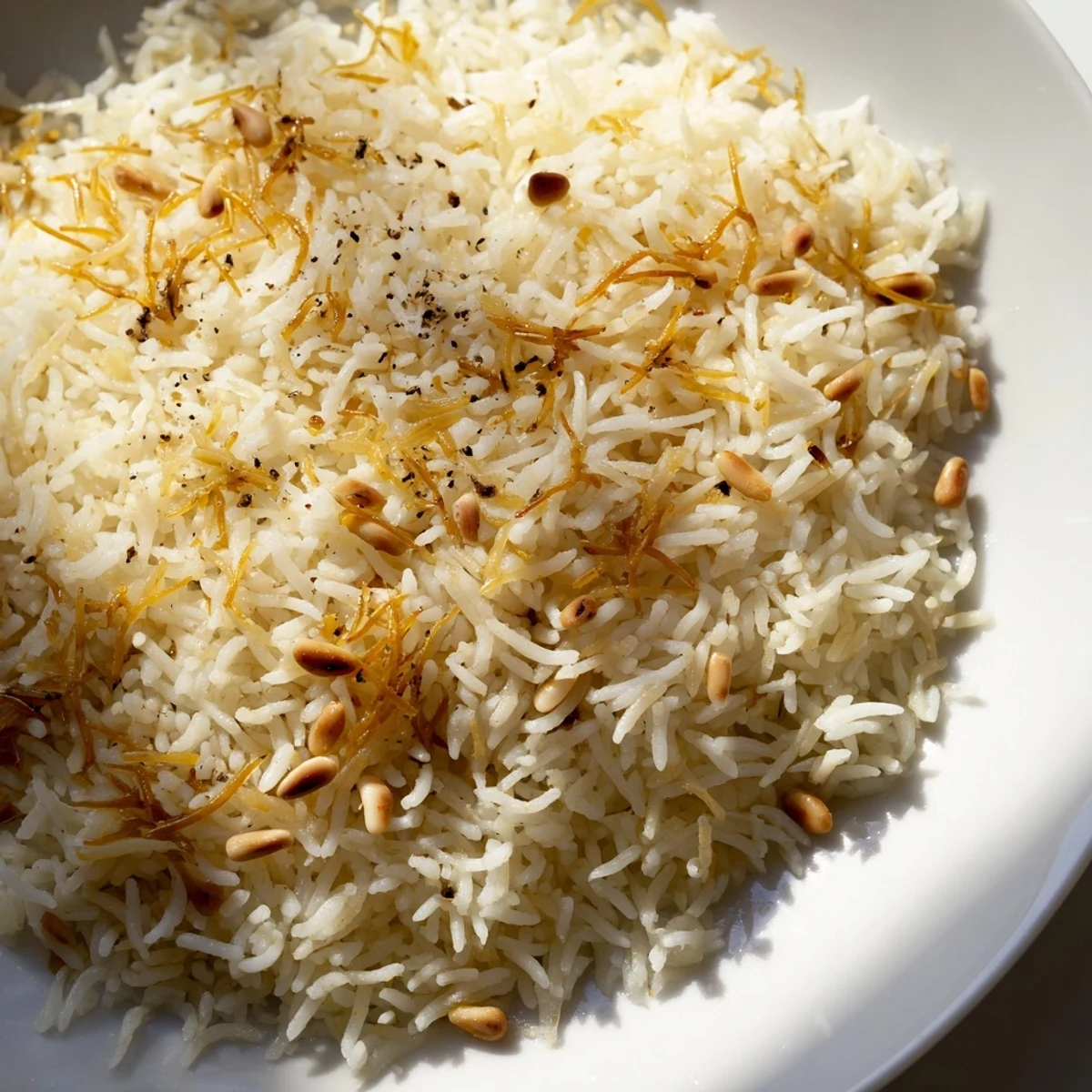Golden Lebanese rice with toasted vermicelli and pine nuts in a ceramic bowl