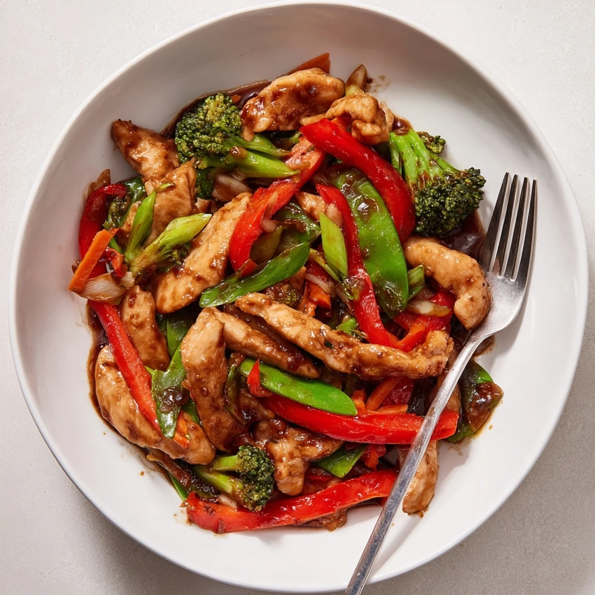 Sizzling Hunan Chicken with colorful bell peppers and broccoli in a spicy garlic chili sauce