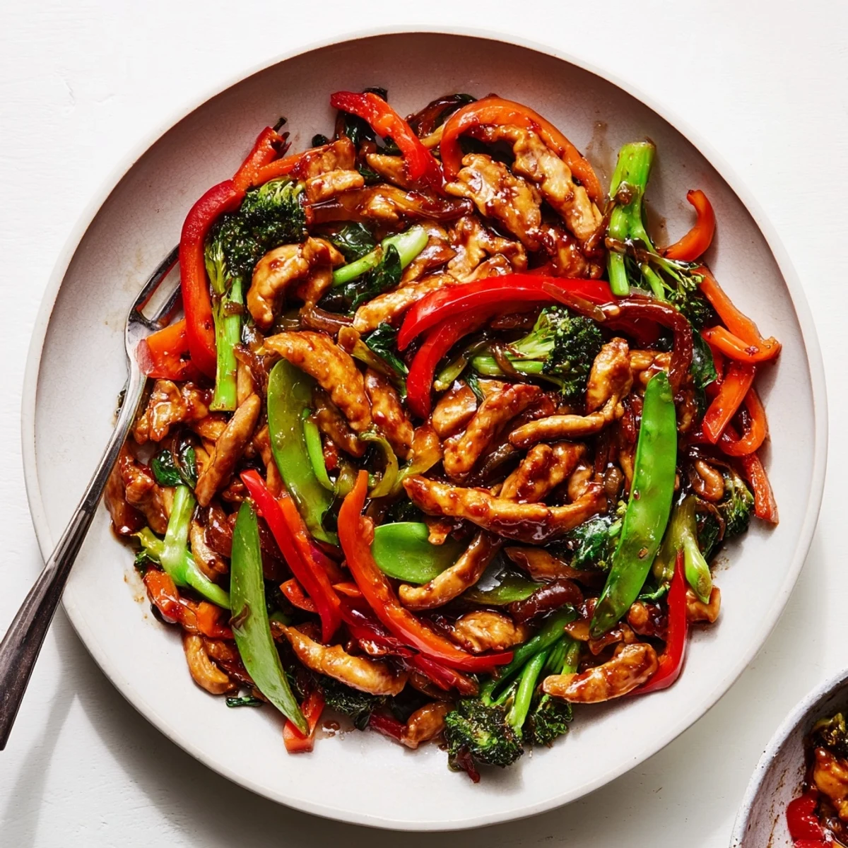 Glossy Hunan Chicken stir-fry tossed with crisp snow peas and tender sliced carrots