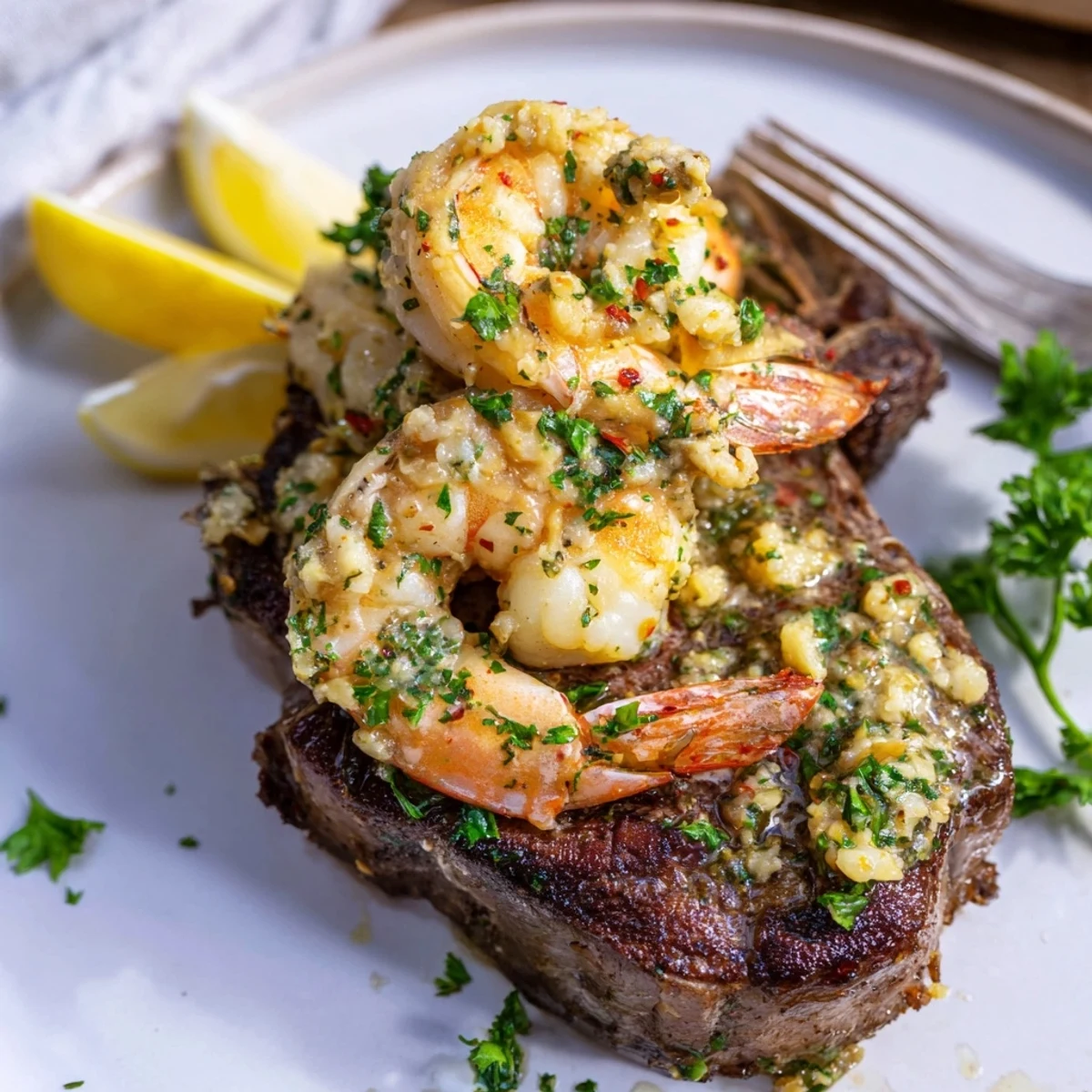 Juicy seared steak and garlic butter shrimp plated on a white dinner plate