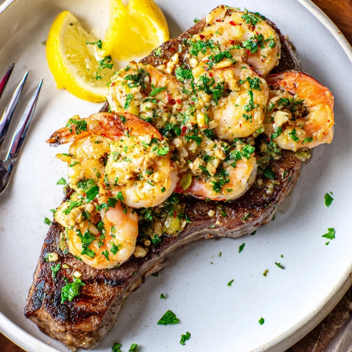 Golden pan-seared steak alongside plump garlic butter shrimp with lemon wedges
