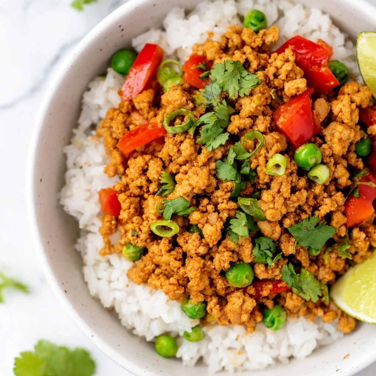 Spiced turkey rice bowls topped with colorful vegetables, cilantro, and a fresh lime wedge
