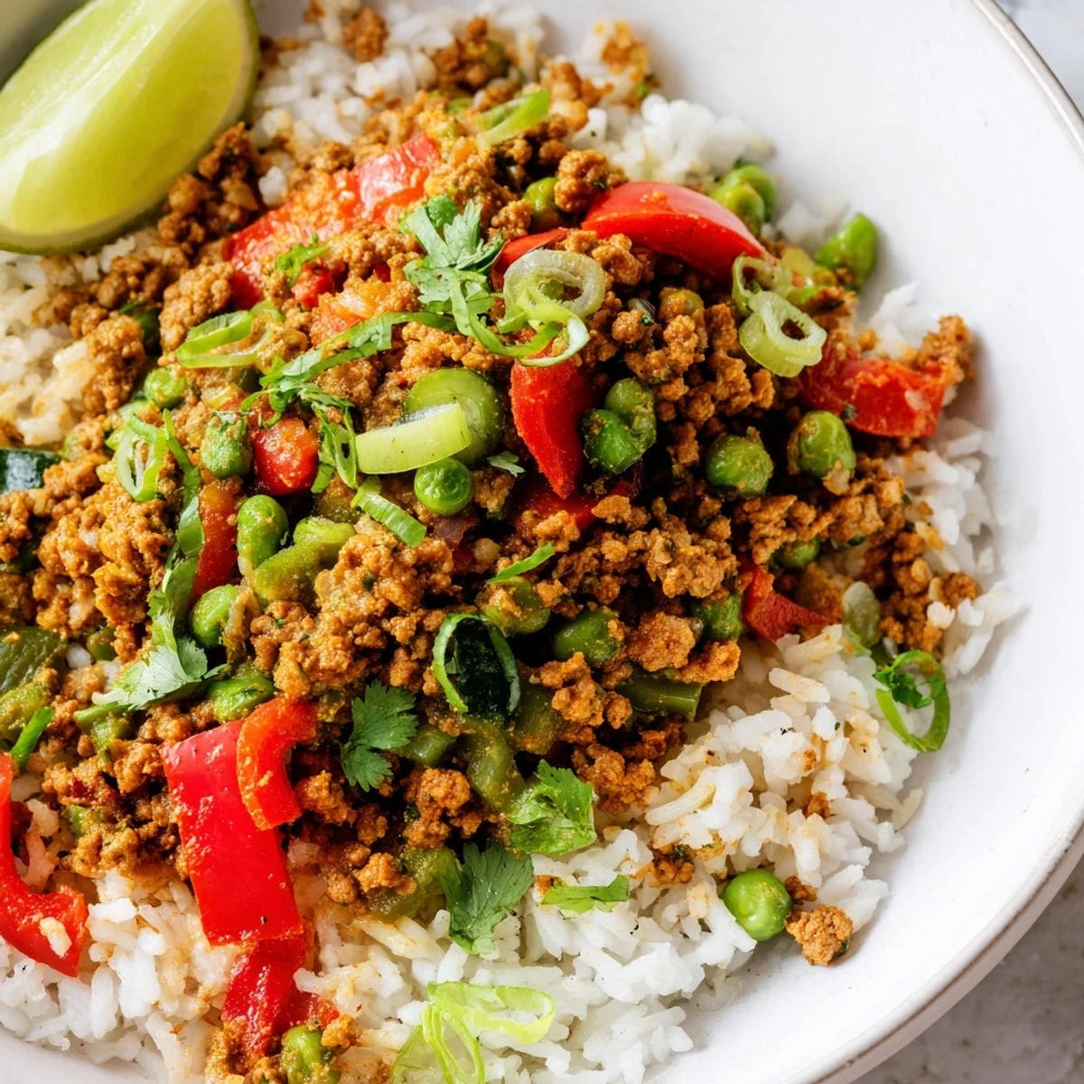 Warm spiced turkey rice bowls loaded with tender ground meat and vibrant diced veggies