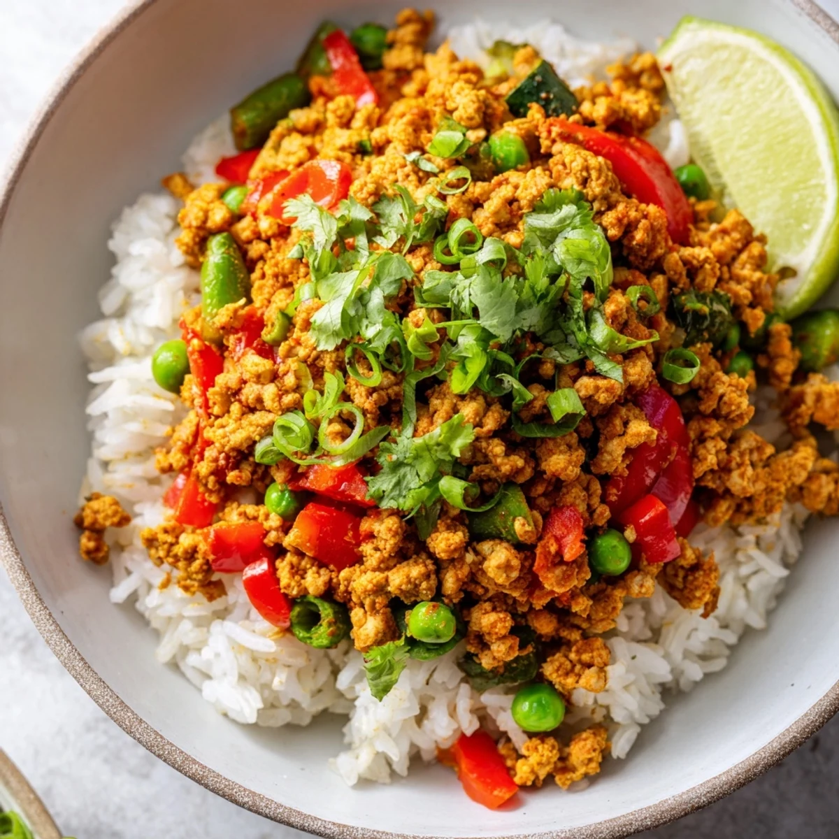 Golden spiced turkey rice bowls served in a white dish with chopped spring onions
