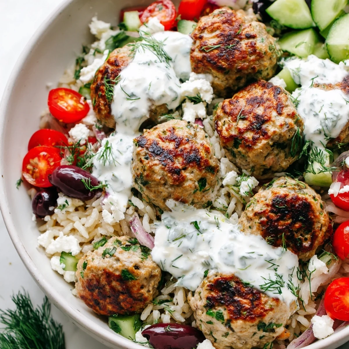 Creamy yogurt sauce drizzled over spiced turkey meatballs and fresh Mediterranean bowl ingredients with lemon
