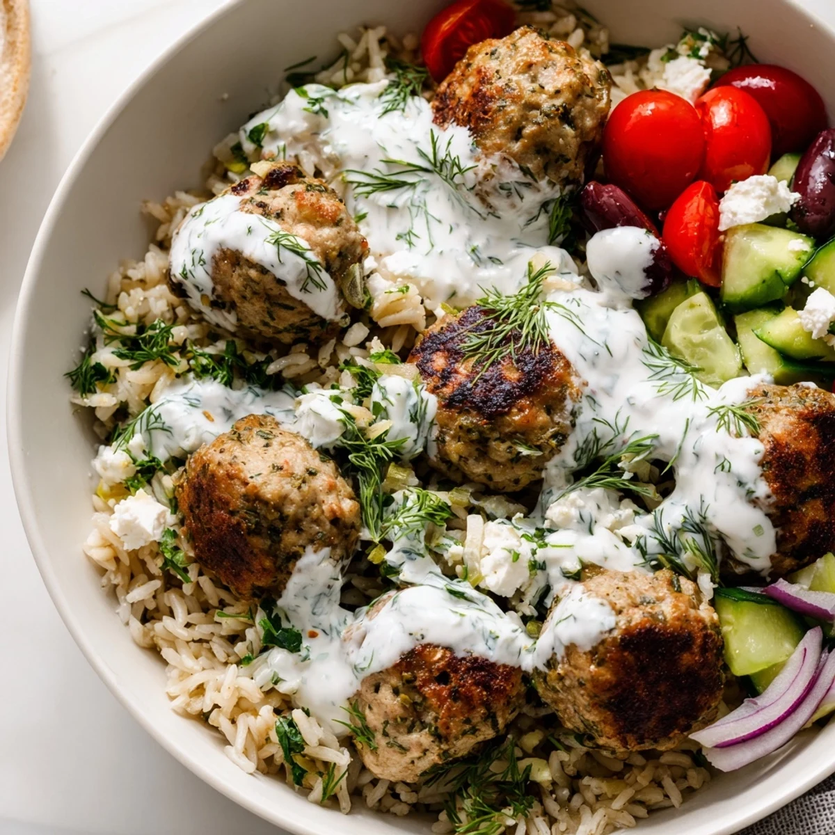 Golden za'atar-crusted turkey meatballs nestled over herbed rice with vibrant Mediterranean toppings in a bowl