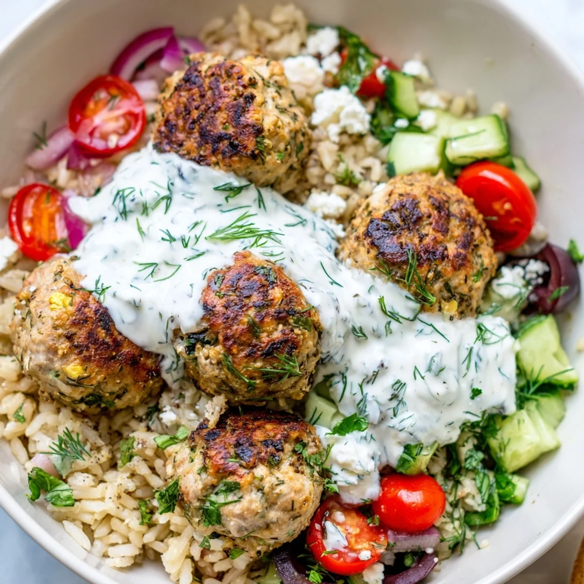 Crispy-edged Mediterranean za'atar turkey meatball bowls loaded with cucumbers, tomatoes, olives, and fluffy herbed rice