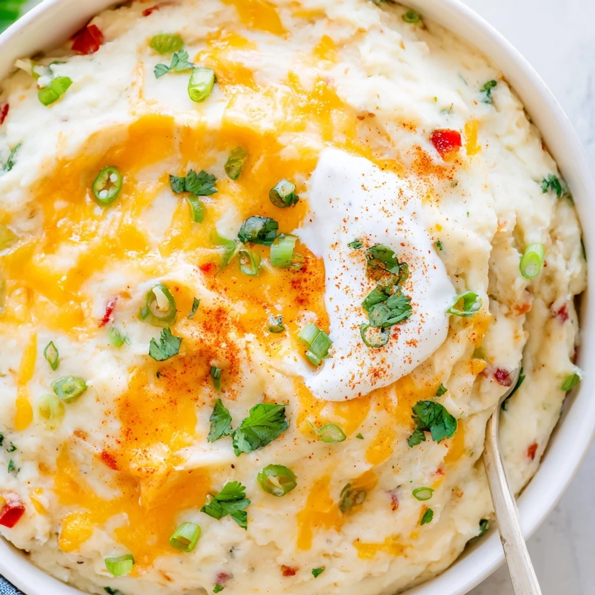 Creamy Tex Mex mashed potatoes topped with cilantro and melted cheddar cheese