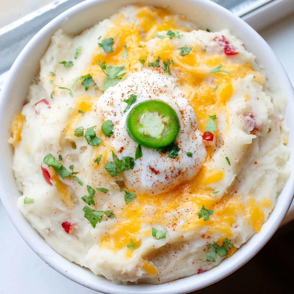 Spicy Tex Mex mashed potatoes in a bowl garnished with green onions
