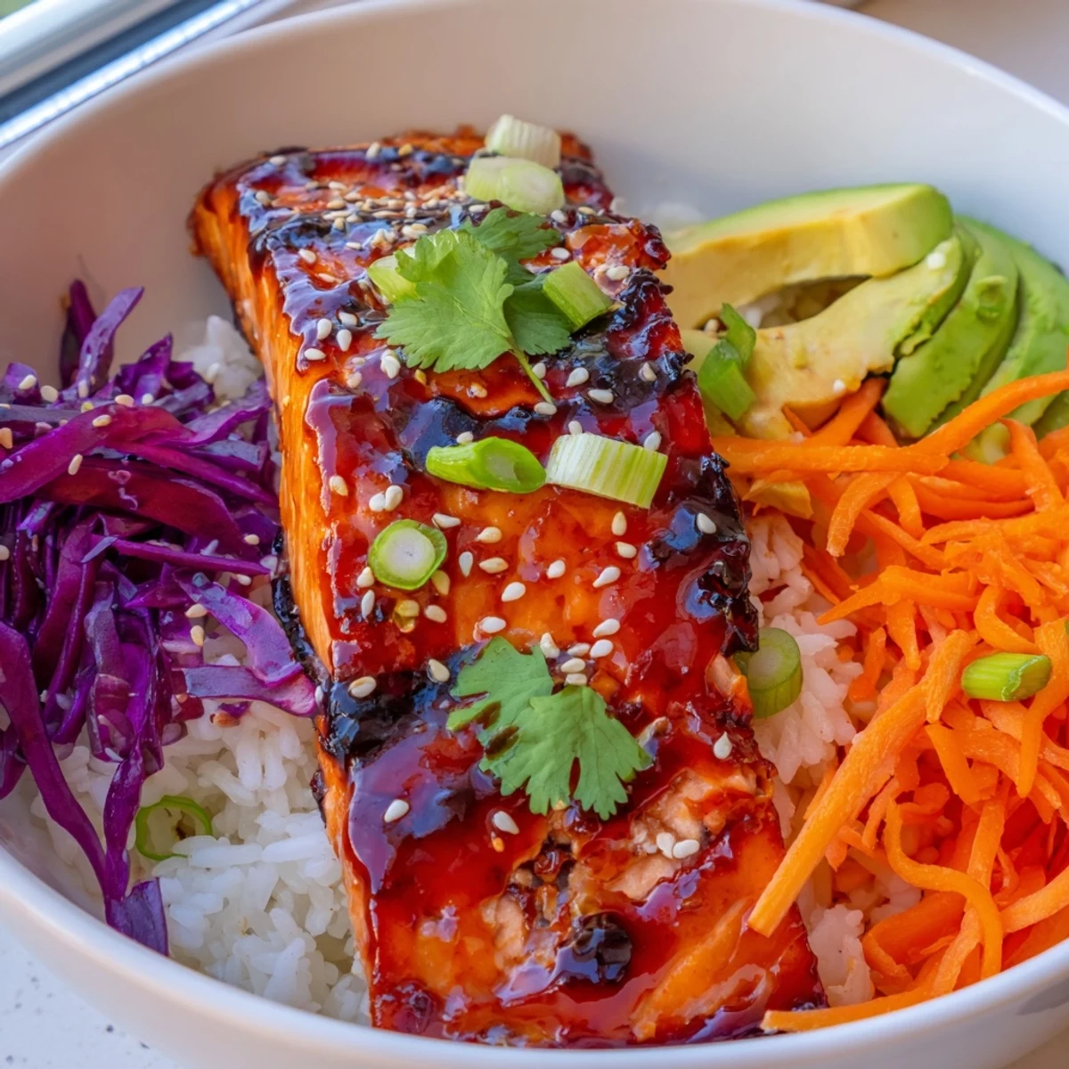 Glossy Sriracha Honey Glazed Salmon Bowls with vibrant vegetables and steamed jasmine rice