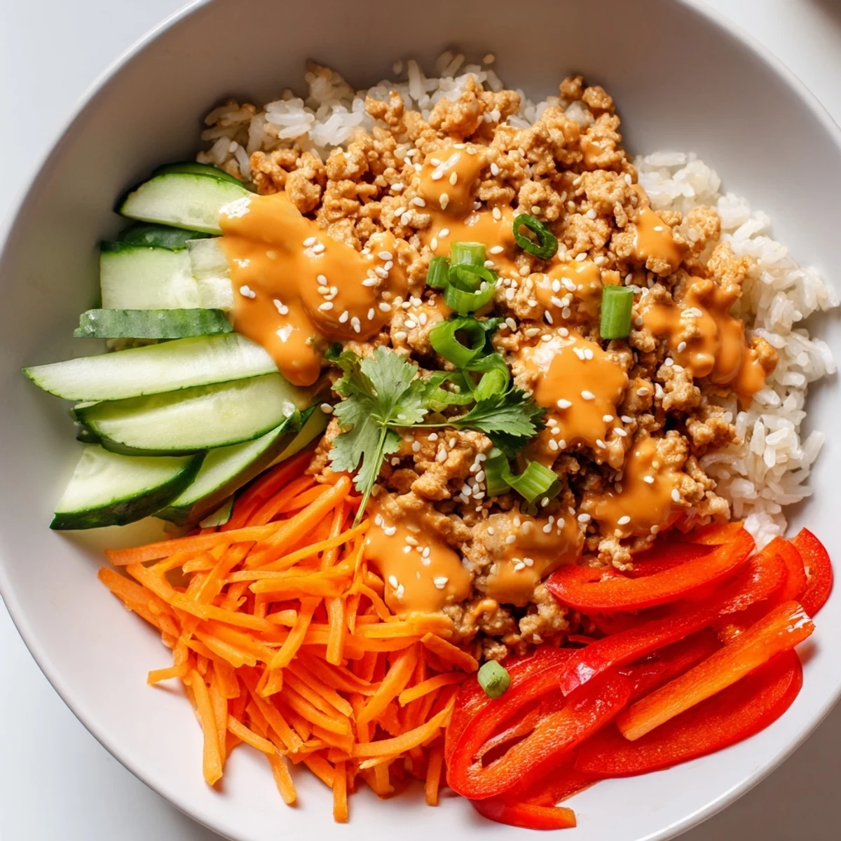 Ground Turkey Rice Bowls drizzled with creamy spicy Bang Bang sauce over crisp vegetables