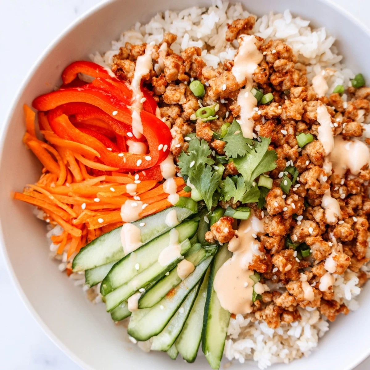 Savory seasoned ground turkey piled on fluffy rice with vibrant veggies and spicy sauce