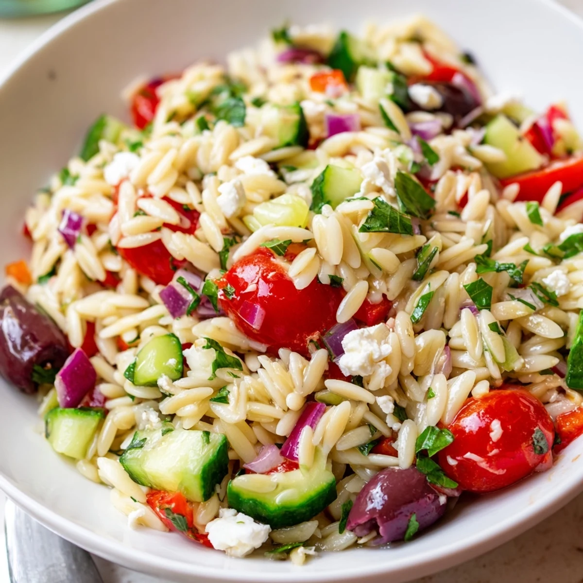 Colorful Mediterranean Orzo Pasta Salad topped with crumbled feta and fresh parsley