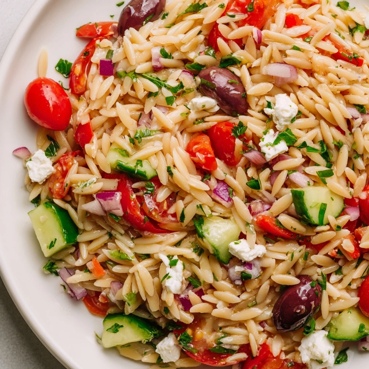 Mediterranean Orzo Pasta Salad in a rustic bowl with cherry tomatoes and olives