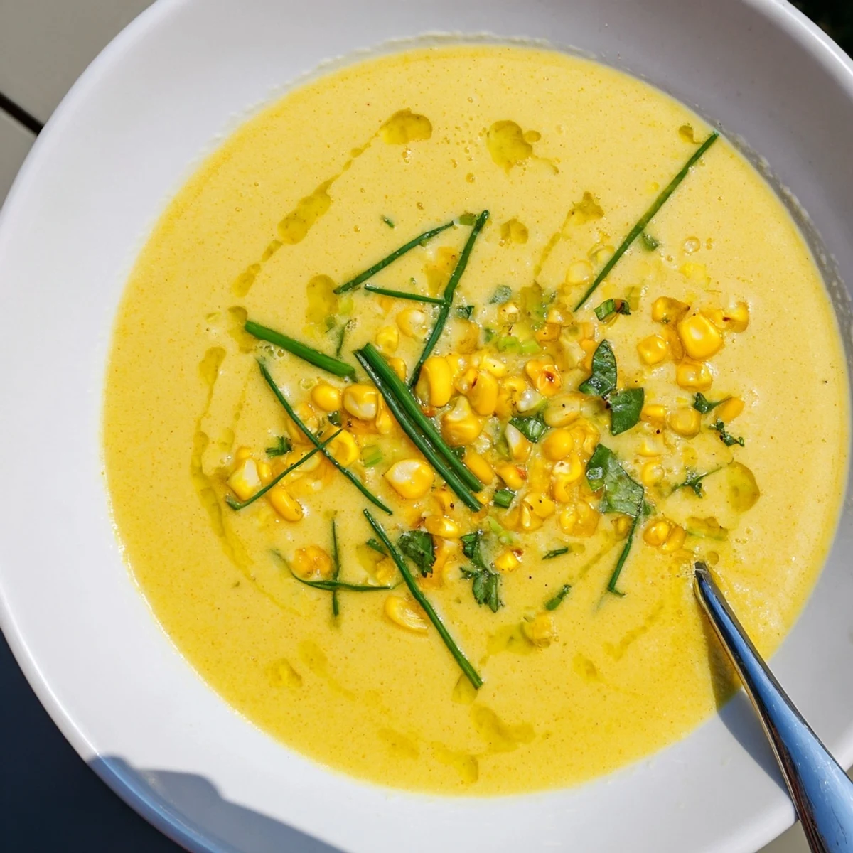 Creamy summer sweet corn gazpacho topped with fresh basil and golden olive oil drizzle