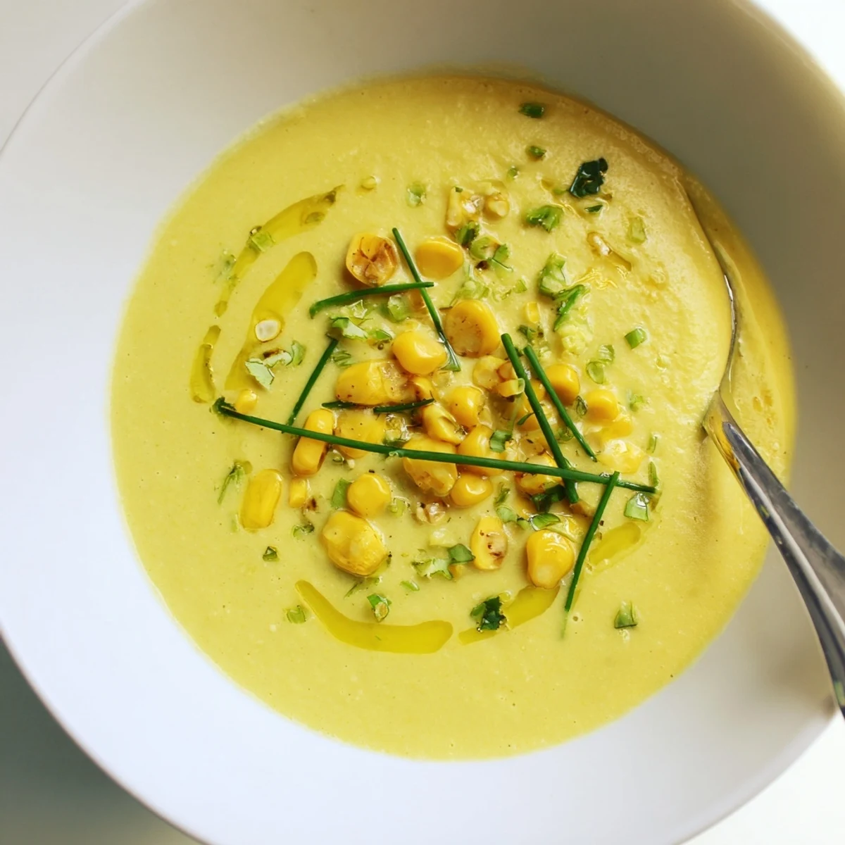 Chilled summer sweet corn gazpacho in a white bowl garnished with crunchy corn kernels