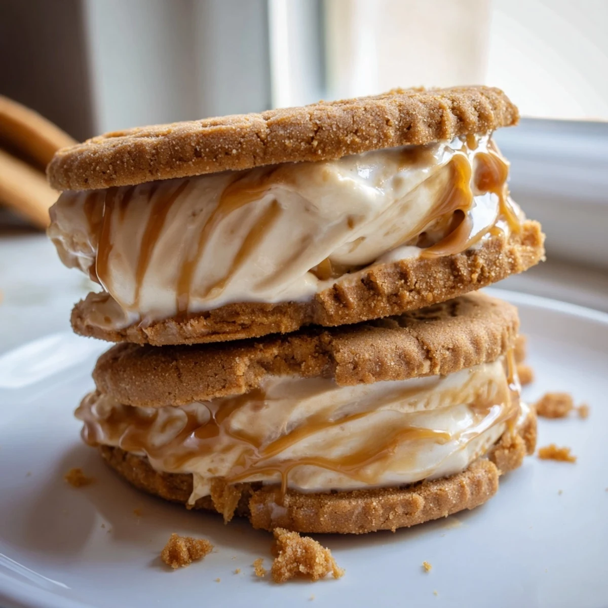 Creamy Biscoff Ice Cream Sandwiches with spiced cookie edges on a rustic plate