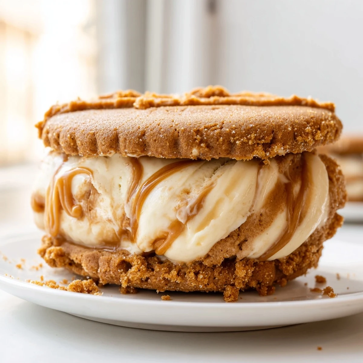Golden Biscoff Ice Cream Sandwiches oozing with caramel-swirled filling on a summer tray