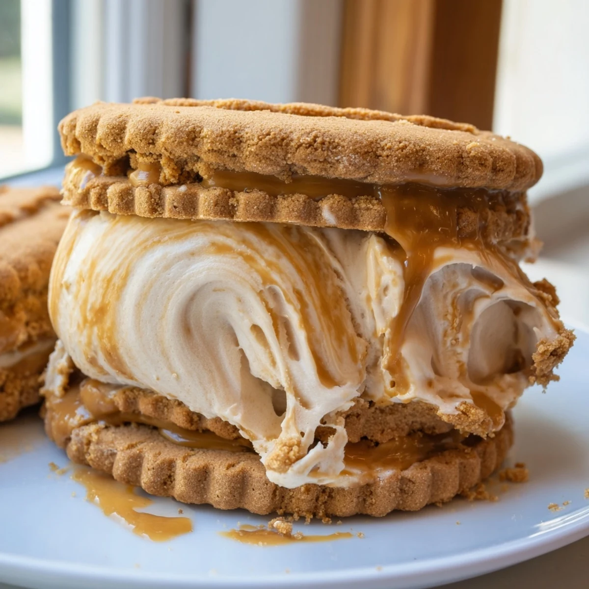 Chilled Biscoff Ice Cream Sandwiches rolled in crushed spiced cookies ready to serve
