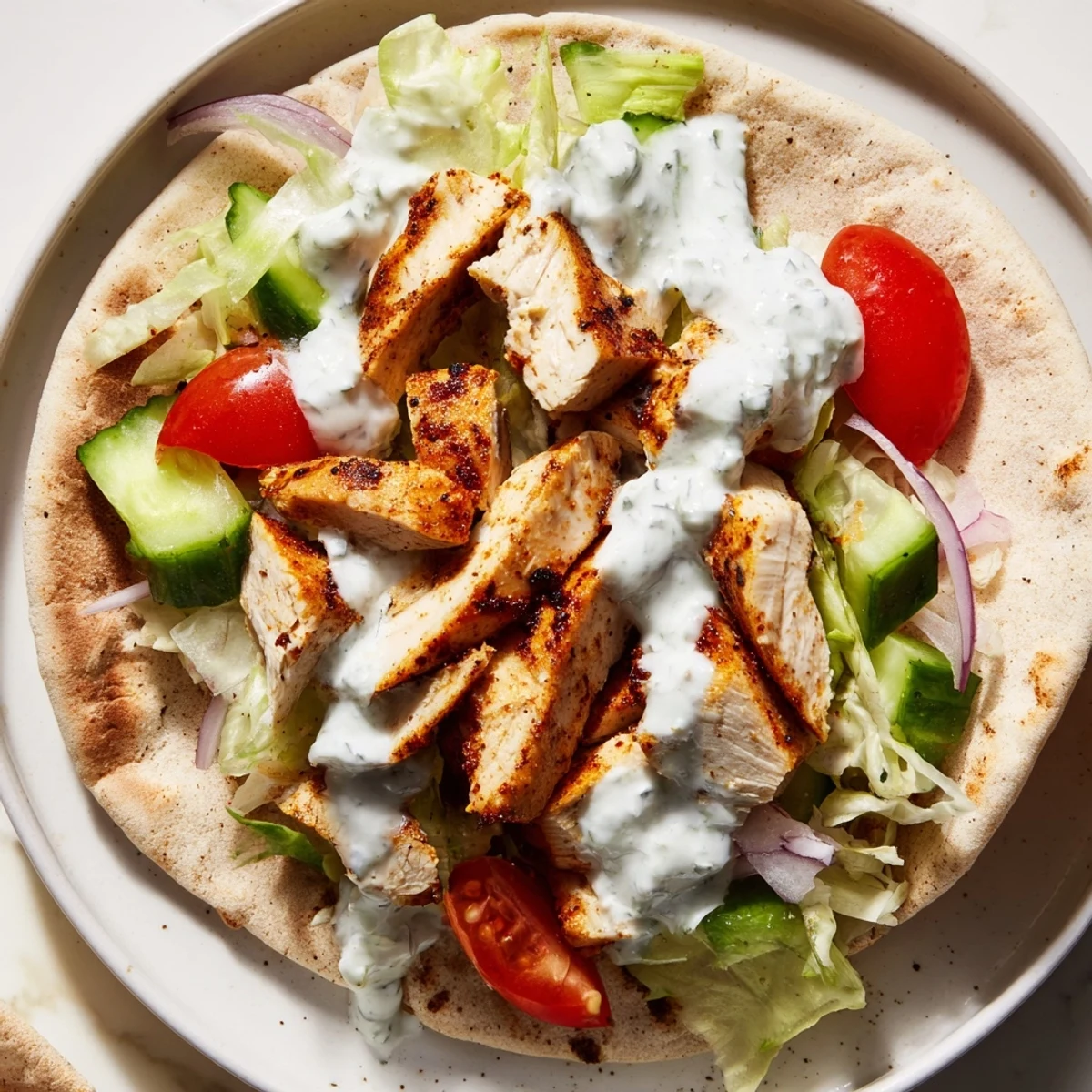 Juicy spiced chicken stuffed inside soft pitas with fresh cucumber and tomato