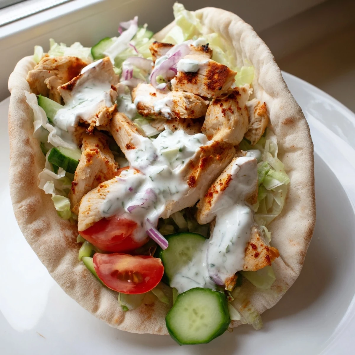 Warm flavor packed chicken pitas with crisp veggies and creamy yogurt sauce