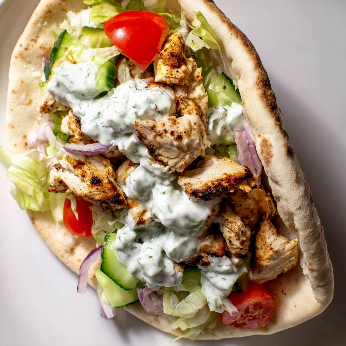 Flavor packed chicken pitas drizzled with tangy dill sauce on a rustic plate
