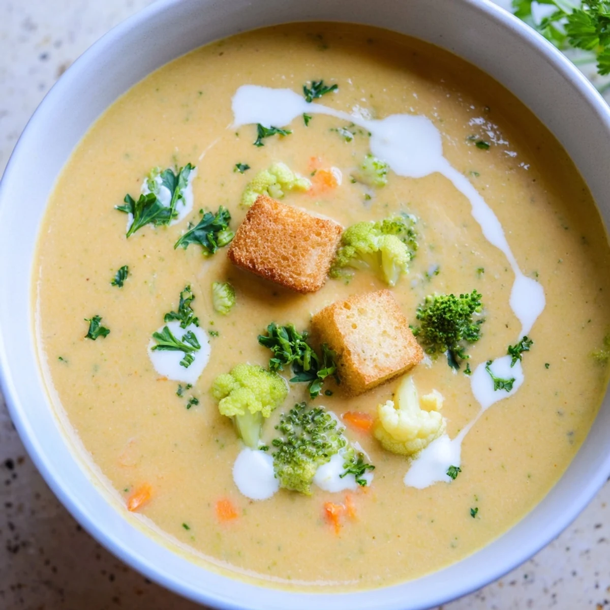 A steaming bowl of creamy vegetable soup topped with golden croutons and fresh parsley