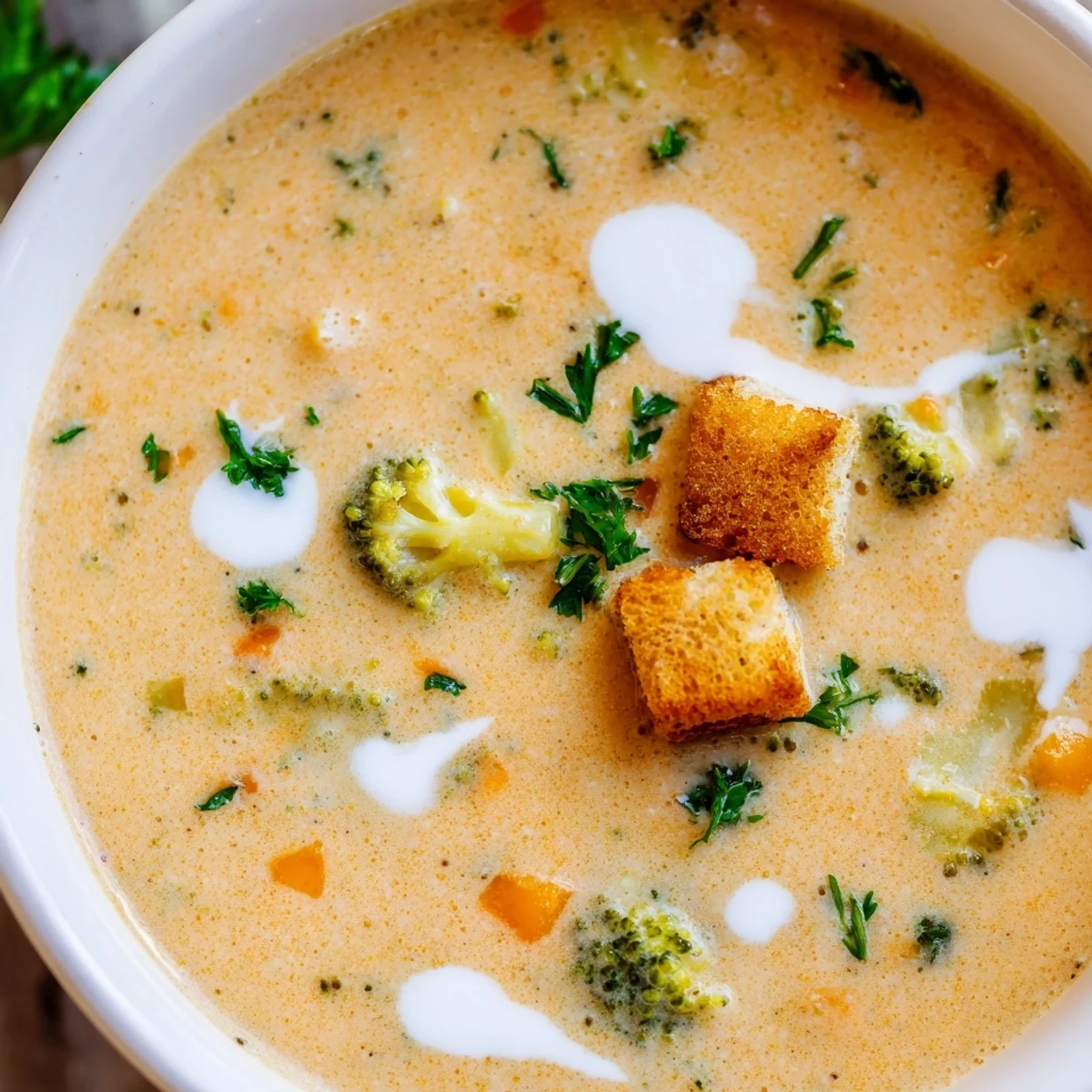 Velvety creamy vegetable soup ladled into a rustic bowl beside crusty bread