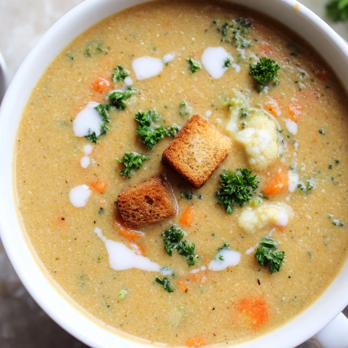 Thick and creamy vegetable soup swirling with tender carrots, broccoli, and potato chunks