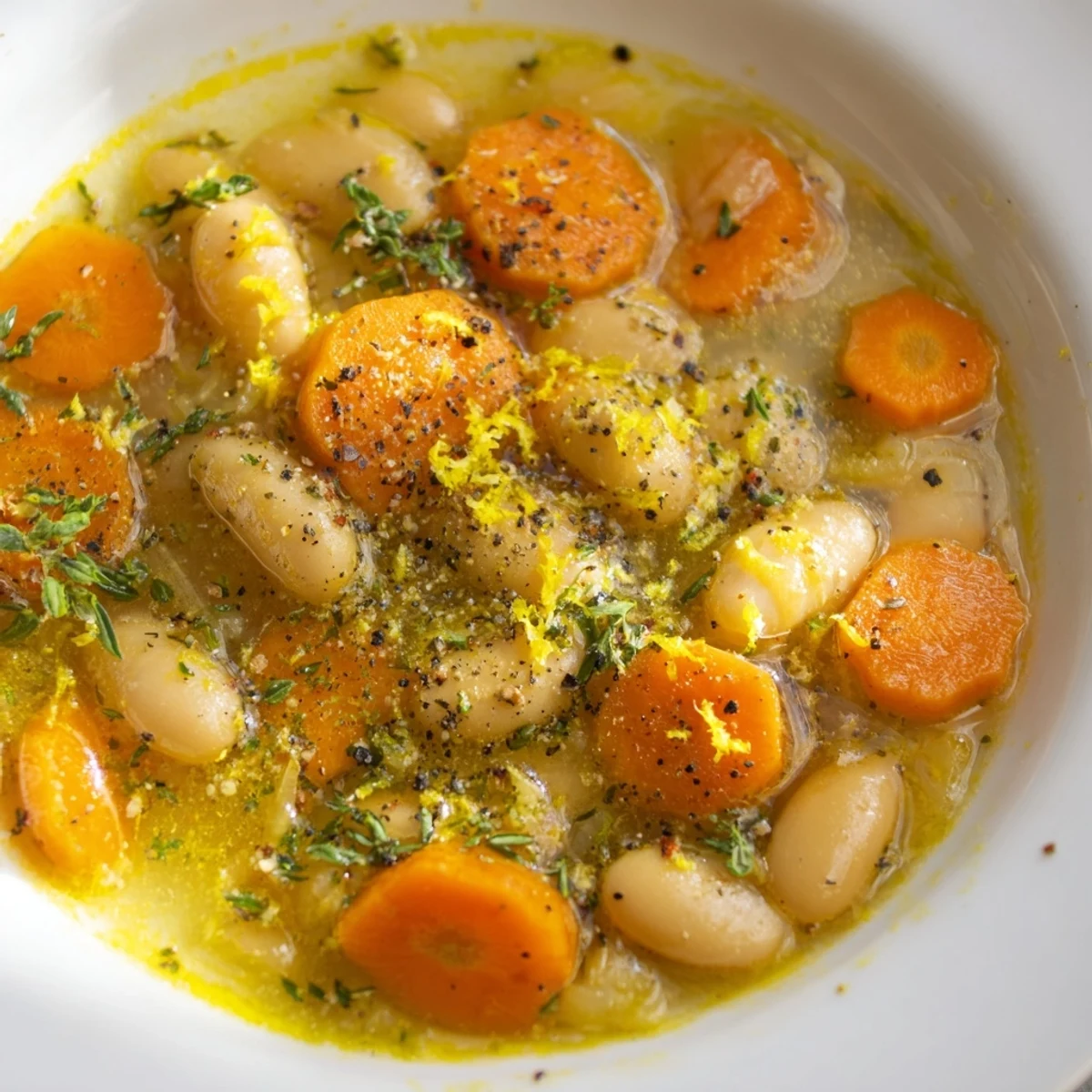 Steaming bowl of brothy carrot butter bean soup garnished with fresh parsley and lemon zest