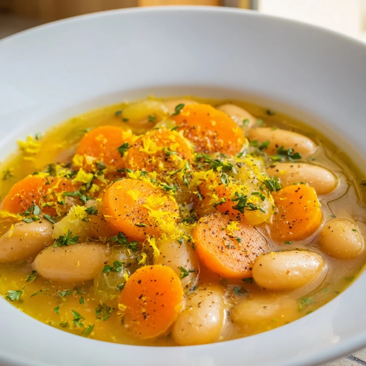 Rustic bowl of brothy carrot butter bean soup served with crusty bread for dipping