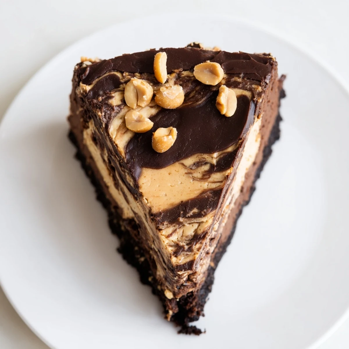 Creamy chocolate peanut butter cheesecake slice with dark ganache on a cookie crust