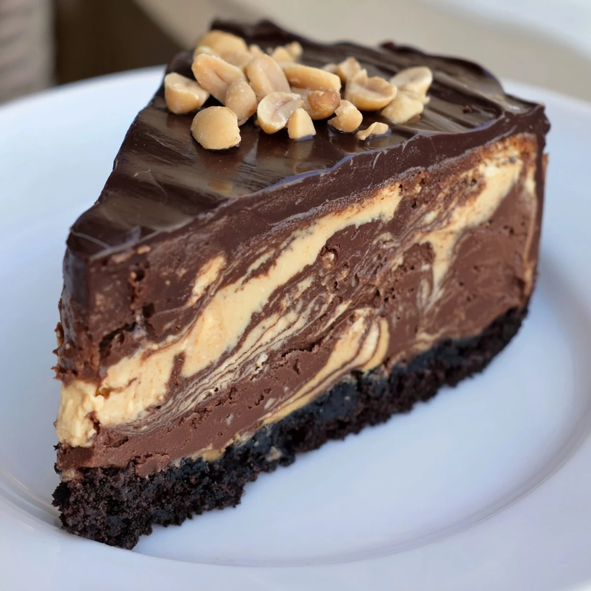 Rich chocolate peanut butter cheesecake swirled with melted ganache and chopped peanut garnish