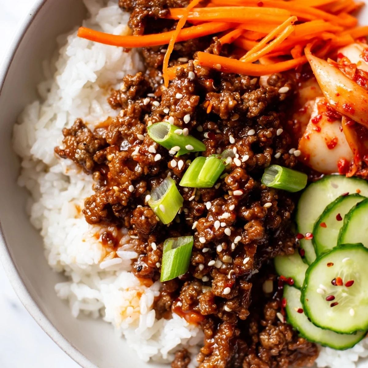 Korean ground beef bowl glistening with glossy sauce over fluffy steamed white rice